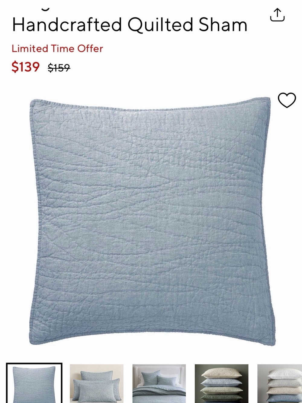 Pottery Barn Belgian Flax Handcrafted Quilted Sham - chambray euro